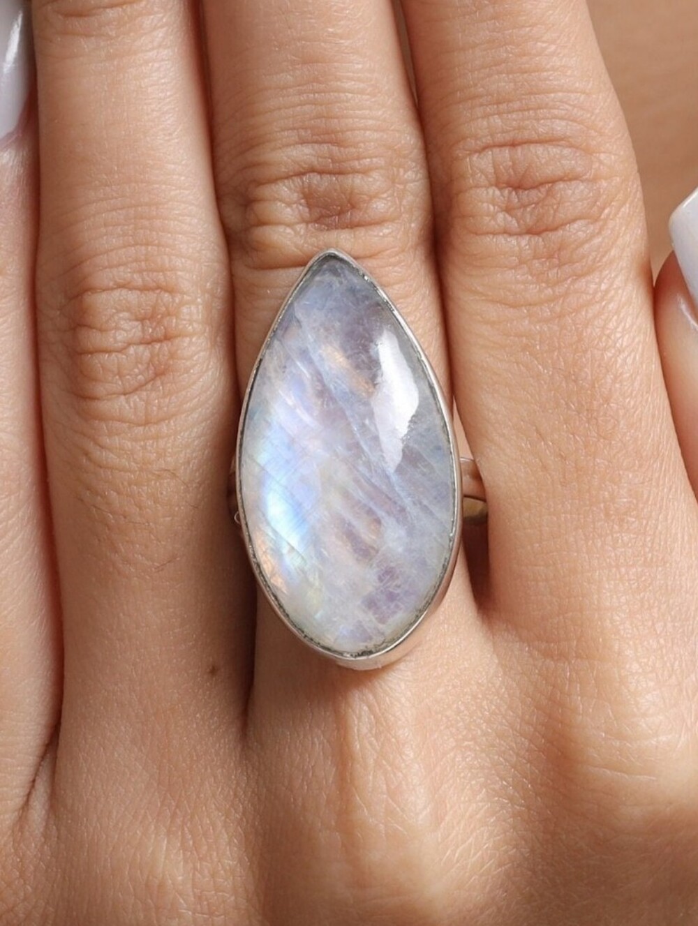 Rainbow Moonstone Ring Teardrop Shape